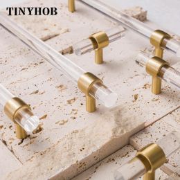 Transparent Acrylic Cupboard Handles and Knobs Simple Dresser Drawer Pull T bar Handle Bathroom Cabinet Handle with Brass Bases