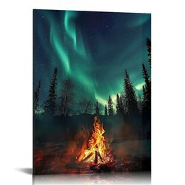 Campfire Under Northern Lights Poster Canvas Print Wall Art Holiday Gift Bathroom Living Room Bedroom Home Decor