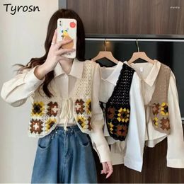 Work Dresses Vests Sets Women Hollow Out Design Daily Casual Retro Elegant Sweet Shirts Simple Korean Style Stylish All-match Spring