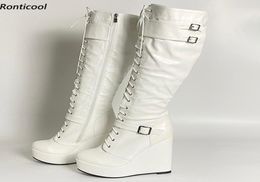 Rontic Handmade Women Winter Knee Boots Buckle Full Side Zipper Wedges Heels Round Toe Pretty White Shoes Plus US Size 5209983164