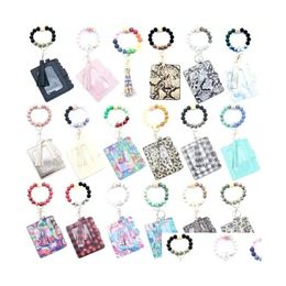 Party Favour Fashion Pu Leather Bracelet Wallet Keychain Bangle Key Ring Holder Card Bag Sile Beaded Wristlet Handbag Women Wrist Car R Dhc15