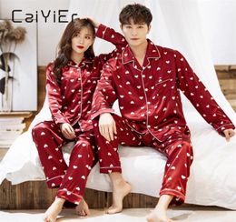 CAIYIER Winter Couple Pajamas Set Silk Loves Print Long Sleeve Sleepwear Men Women Casual Big Size Lovers Nightwear M5XL 2011139959249