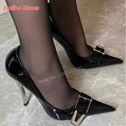Dress Shoes Black Patent Leather Pumps S Women's Slip-on Strange High Heel Pointed Toe Fashion Metal Buckle Summer Beautiful