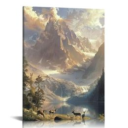 Landscape Canvas Wall Art Decor,painted Mountain with Forest Picture Prints, Gallery Wrapped Scenery Artwork Reproduction for Living Room Bedroom Decoration
