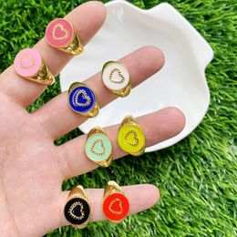 Cluster Rings Heart Shape Rainbow Enamel Finger Ring Adjustable Brass Jewellery For Women Wear