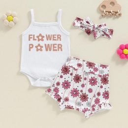 Clothing Sets 3Pcs Summer Baby Girl Clothes Infant Born Letter Print Romper And Floral Ruffled Shorts Headband Toddler Outfit