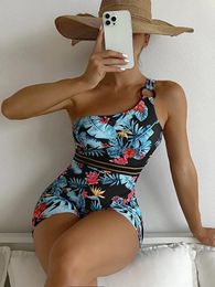 Women's Swimwear Floral Tropical Print One Piece Swimsuit Short Length Shoulder Sports Bathing Suit Boyleg Bodysuits Beach