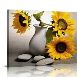 Sunflower Canvas Wall Art 3 Pieces Yellow and Grey Painting Relaxing Zen Stone Pictures Print Artwork for SPA Bathroom Yoga Room Bedroom Decoration Framed