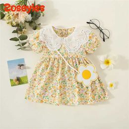 Girl's Dresses 2 Pieces/Set Of New Summer ldrenS Floral Dress Lapel Short Sleeve Knee-Length ffon Skirt For Daily Wear H240527