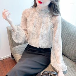 Women's Blouses Printed Chiffon Shirt Summer 2024 Beaded Loose Long Sleeves Top O-neck Ladies Casual Clothing YCMYUNYAN