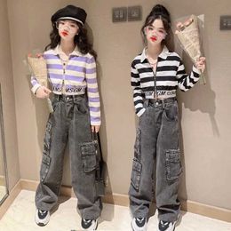 Jeans Jeans Teenage Girls Jeans Spring and Autumn Casual Fashion Loose Blue Childrens Legs Wide Pants School Children Trousers 6 8 10 12 14 WX5.27