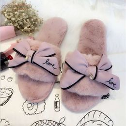 fur flip flops sweet lace bow fur slides women winter sandals warm and cozy home slippers with flower