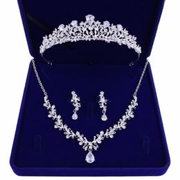High-quality new bride crown tiara three-piece zircon necklace earrings princess birthday wedding with female accessories gift 239n