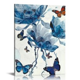 Blue Flower Wall Art Bathroom Decor Lotus with Butterfly Painting Canvas Prints Modern Navy and White Decorations for Bedroom