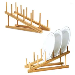 Kitchen Storage 2 PCS Wooden Dish Rack Bamboo Plate Stand Pot Lid Holder Drying Cabinet Organizer For