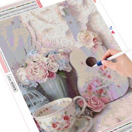 HUACAN 5D Full Diamond Art Painting Cup Pink Flower Diamond Embroidery Landscape Mosaic Sewing Machine Cross Stitch Home Decor