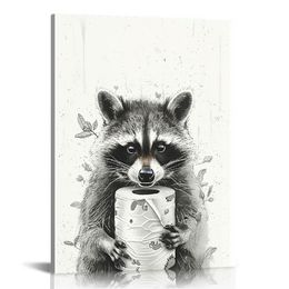 Funny Cute Raccoon With Toilet Paper On Head Posters Retro Bathroom Wall Decor Farmhouse Rustic Animal Wall Art Black And White Toilet Paper Raccoon Prints Painting