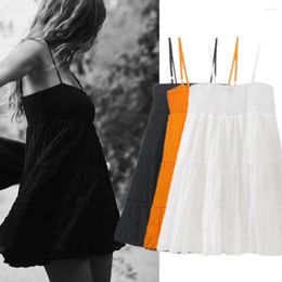 Casual Dresses Maxdutti French Simple Pleated Mini Summer Dress Suspender Women's Fashion Holiday Wind