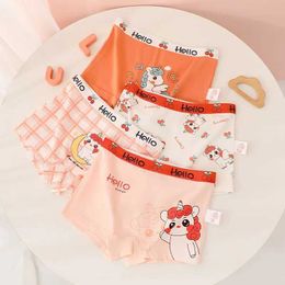 Panties 4PCS Girls Cotton Soft Antibacterial Panties Kids Cute Print Knickers Toddler Thin Breathable Briefs 3+y Young Child Underwears Y240528