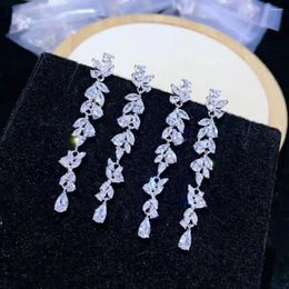 Dangle Earrings Long Earring 925 Sterling Silver With Cubic Zircon White Colour Plant Leaf Fine Women Jewellery Trendy