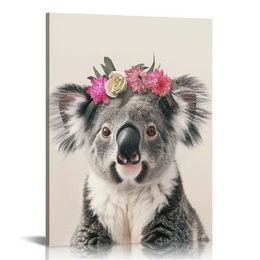 Canvas Wall Art Funny Animal with Pink Flower Picture Koala Portrait Photo Prints Cute Animals Paintings for Bedroom Bathroom Decoration,Ready to Hang