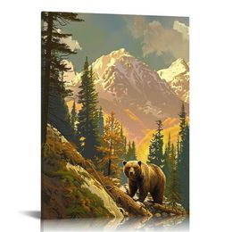 Canvas Wall Art Decor Grizzly Bear for Bedroom Living Room Forest Rocky Mountain Modern Canvas Artwork Contemporary Picture Prints for Office Wall Decoration