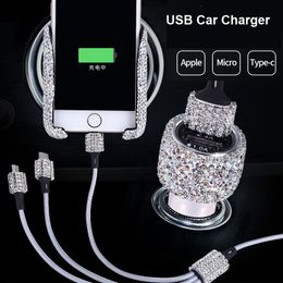 Dual USB Car Charger For Mobile Phone Tablet GPS Fast Charger Crystal Diamond Phone 3 Data Line Wire in Car Cigarette Lighter