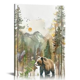 삼림 벽 예술 야생 동물 숲 벽 장식 인쇄 모험 테마 캔버스 포스터 곰 수채화 사진 그림