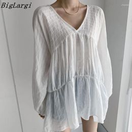 Women's Blouses Pleated Loose V-neck Solid Blouse Women Korean Chic Sweety Casual Office Vintage Elegant Ladies