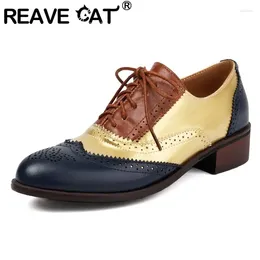 Casual Shoes REAVE British Style Vintage Women Flats Round Toe Thick Heels Hollow Mixed Colour Lace Up Brogues Big Size 47 48
