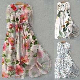 Casual Dresses Women's Art Floral Print Button Mid Long Sleeve Loose Large Hem Drape Dress Summer For Tall Women