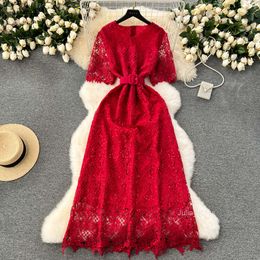 High end light luxury sequin embroidery dress elegant slim fit long design hollow out lace dress for women