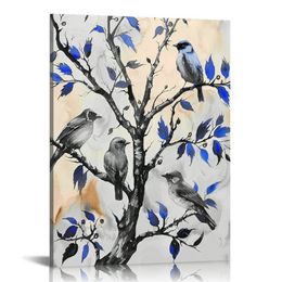 Canvas Wall Art Blue Birds on Tree Branches on Vintage Grey Painting Giclee Prints for Bathroom Bedroom Modern Home Art Stretched and Framed Ready to Hang