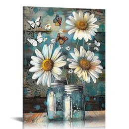 Daisy Wall Art Butterfly Inspirational Picture on Canvas for Kitchen Office Wall Decor Rustic Country Paintings Framed