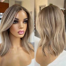 Highlight Wig Human Hair Brazilian Brown Root Ash Blonde Lace Frontal Full Lace Wigs Glueless 13x4 HDTransparent Short Lace Front Wig Synthetic