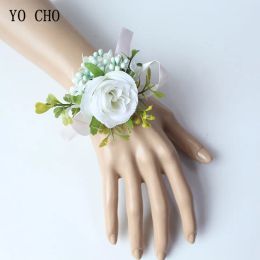 YO CHO Bridal Silk Roses White Wrist Corsages Cuff Bracelets Bridesmaid Groom Flower Boutonnieres Prom Marriage Wedding Supplies