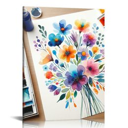 Framed Colorful Wildflower Canvas Wall Art Flowers Pictures Prints Flowers Printing Floral Watercolors Flower wall Decor Living Room Girls Bedroom Bathroom