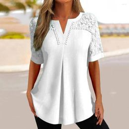 Women's Blouses Women T-shirt Summer V-neck Casual See-through Lace Shirt Stitching Short Sleeve Loose Hem Pullover Tops