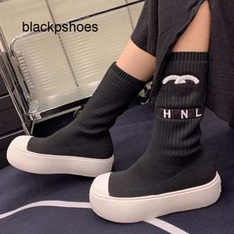 Channel CF Boots Chanells Ankle Womens Designer Luxurys Platform Heels Knit Sock Boot Slip Stretch Elastic Casual Shoe Ladies Snow Boot Classic Black Brow