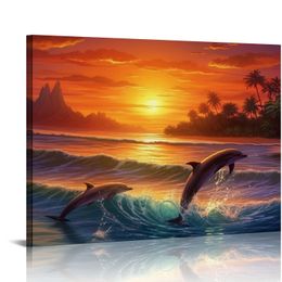 Rumsdekor delfiner målning duk konstmålning av delfiner solnedgång konstverk inramade vackra delfiner konst för hem sovrum