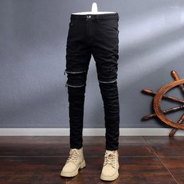 Men's Jeans Ly Designer Fashion Men Zipper Patched Black Stretch Skinny Fit Ripped Street Hip Hop Denim Punk Pants Hombre