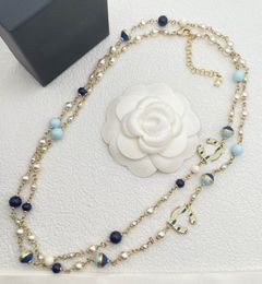 2024 Luxury quality charm long chain pendant necklace with blue Colour beads and enamel designer Jewellery gift have stamp box choker PS3773B