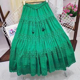 Skirts AYUALIN Vintage High Waist Ruffles Long Skirt Casual A-line Boho Falda Summer Hollow Out Embroidery Cotton Lace For Women