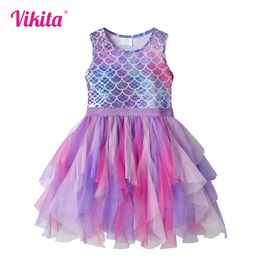 VIKITA Mermaid Print Sleeveless Summer Vestidos Girls Patchwork Dresses Kids Layered Mesh Tulle Cake Dress