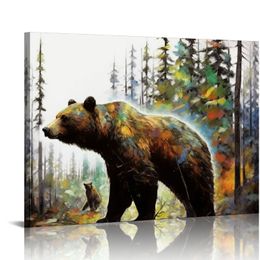 Große Waldbären -Leinwand Wandkunst Bären spielen im Wald abstrakte Tiermalerei Kunstwerk für Wohnzimmer Wohnzimmer gestreckt und gerahmt bereit zum Hängen