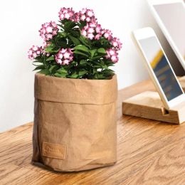 Kraft Paper Flower Pot Grocery Kraft Bags For Food Storage Washable Grocery Bag Heavy-Duty Paper Bag Flower Pot Reusable For
