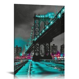 Black White e Blue City Wall Art Bridge at Night Pictures On Canvas Print Art Work para sala de estar