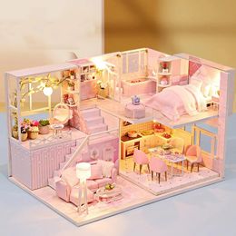 DIY Wooden Doll Houses Princess Casa Miniature Building Kits with Furniture Led Dollhouse for Girls Birthday Gifts 240528