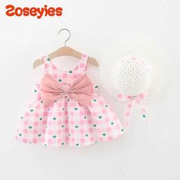 Girl's Dresses Summer New Baby Girl Dress With Halder Bow Plaid Pattern Love + Hat Big Sleeveless Sweet Princess H240527