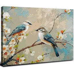 Ptak i kwiat sztuka ścienna Vintage białe kwiatowe odciski płótna niebieskie ptaki zdjęcia ściany rustyka